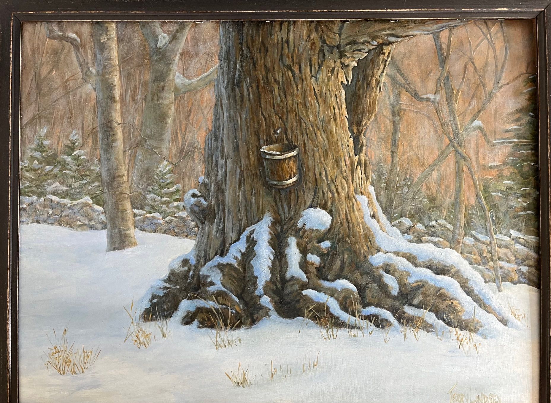 A painting of a tree trunk in the snow