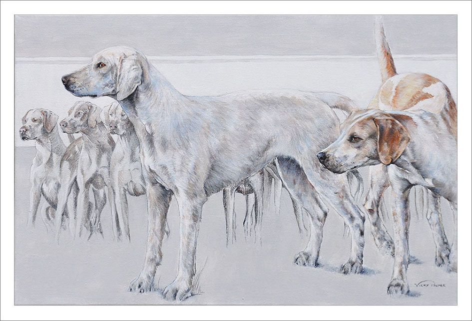 A pack of white and brown dogs stands alert in a gray setting.