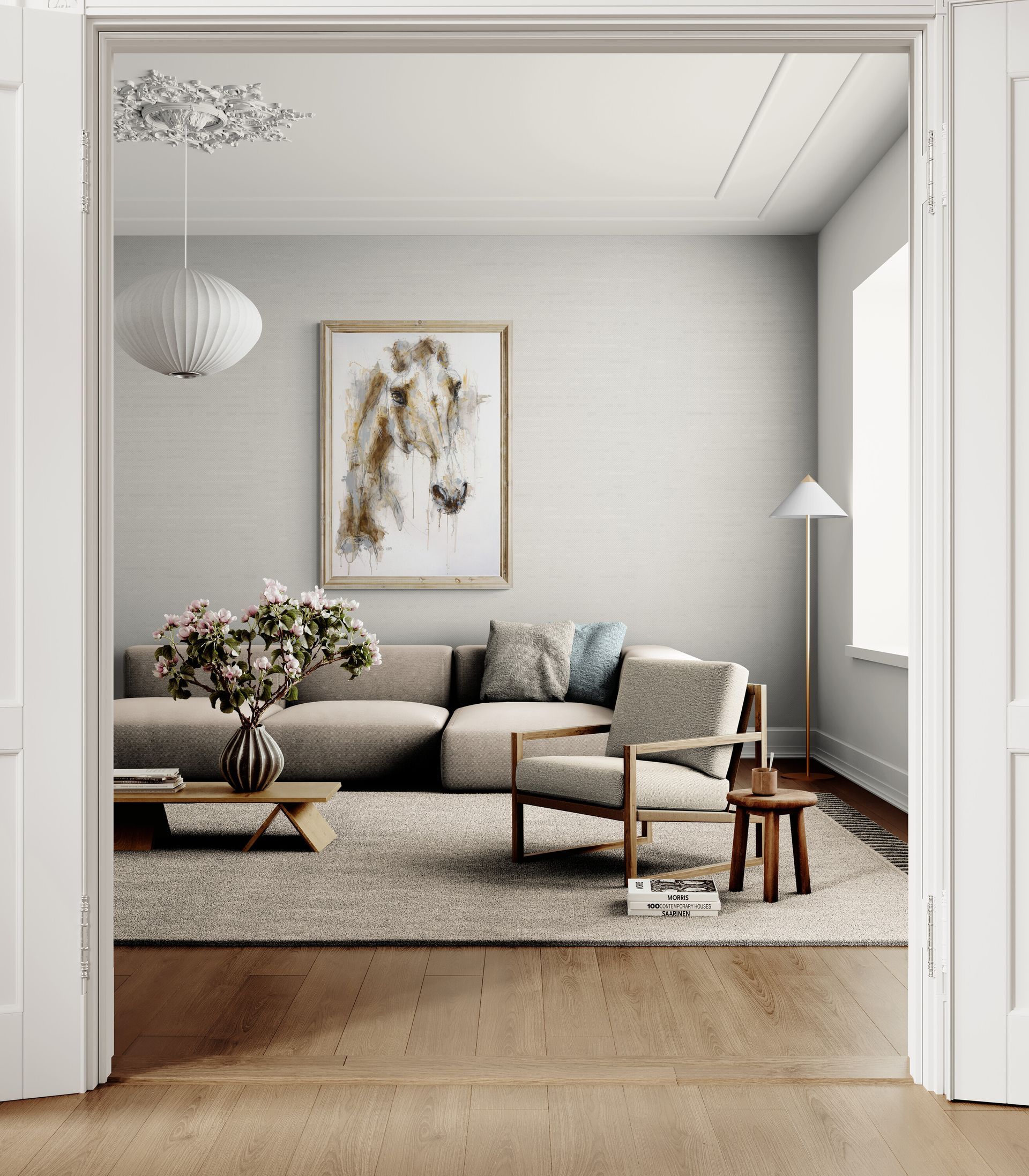 A living room with a couch and chairs and a painting on the wall