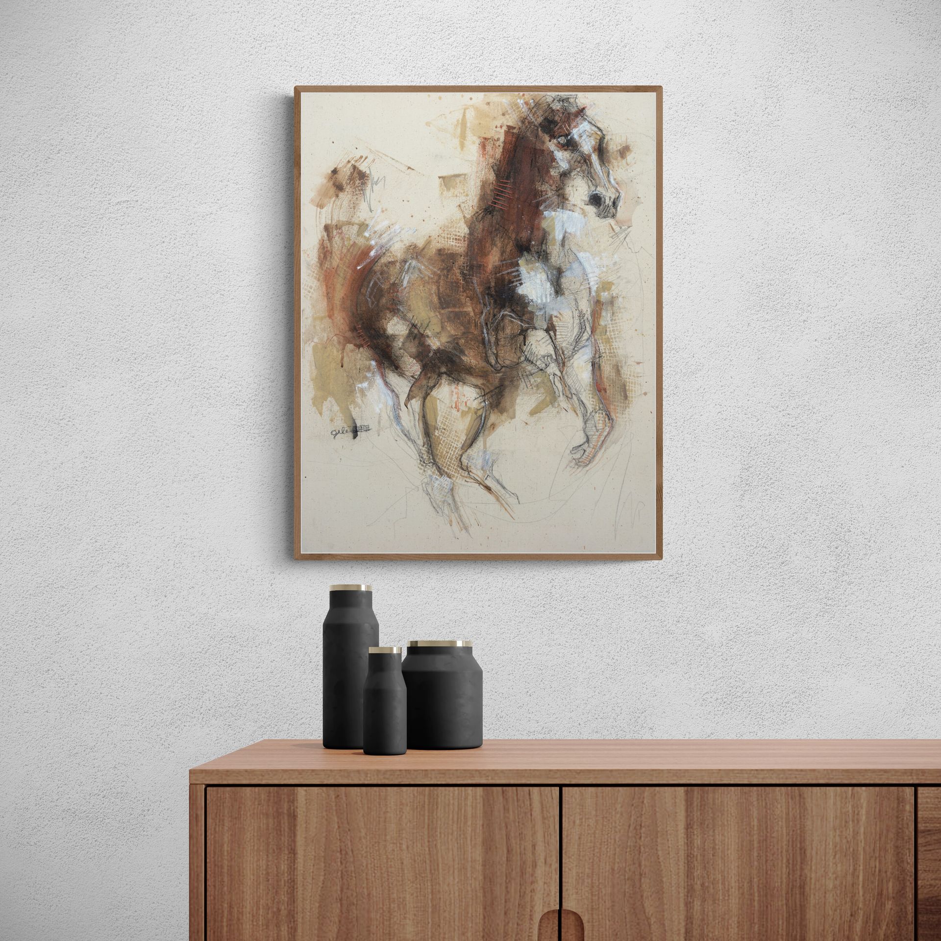 A painting of a horse is hanging on a wall above a wooden cabinet.