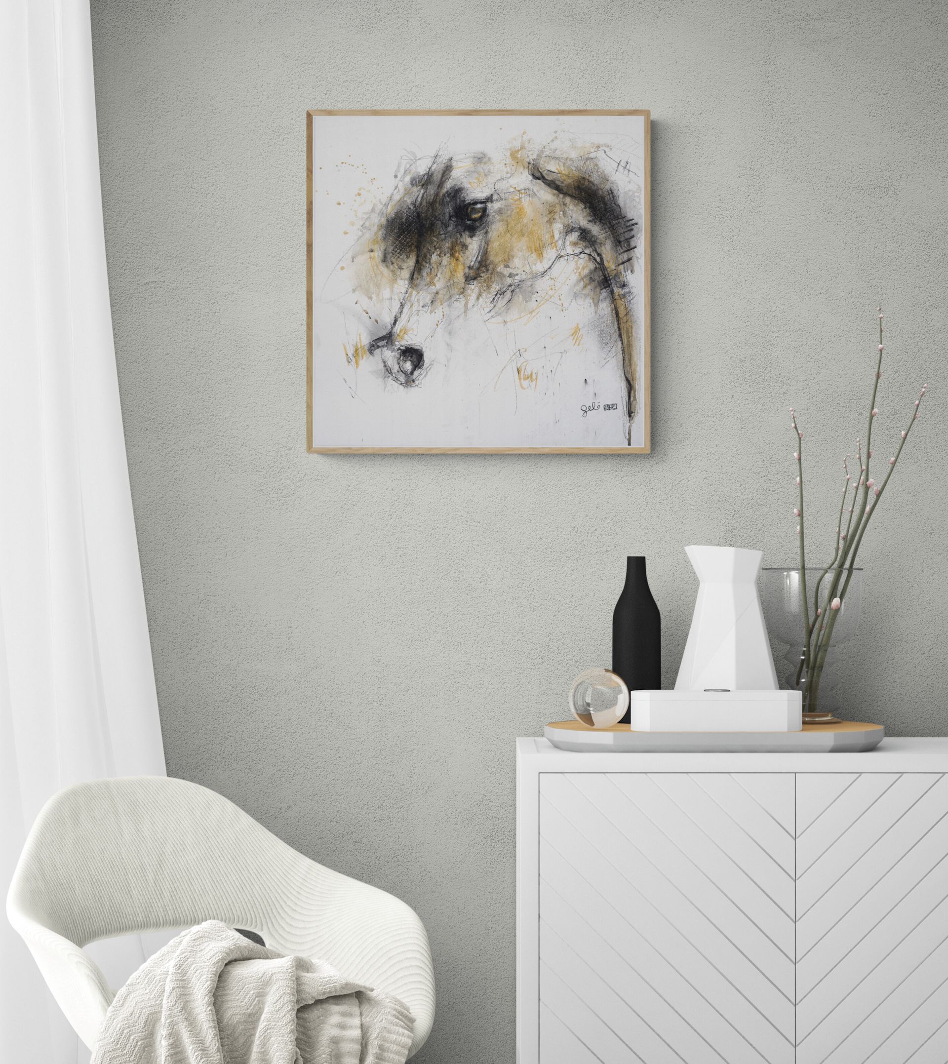 A living room with a chair , dresser , vases and a painting on the wall.