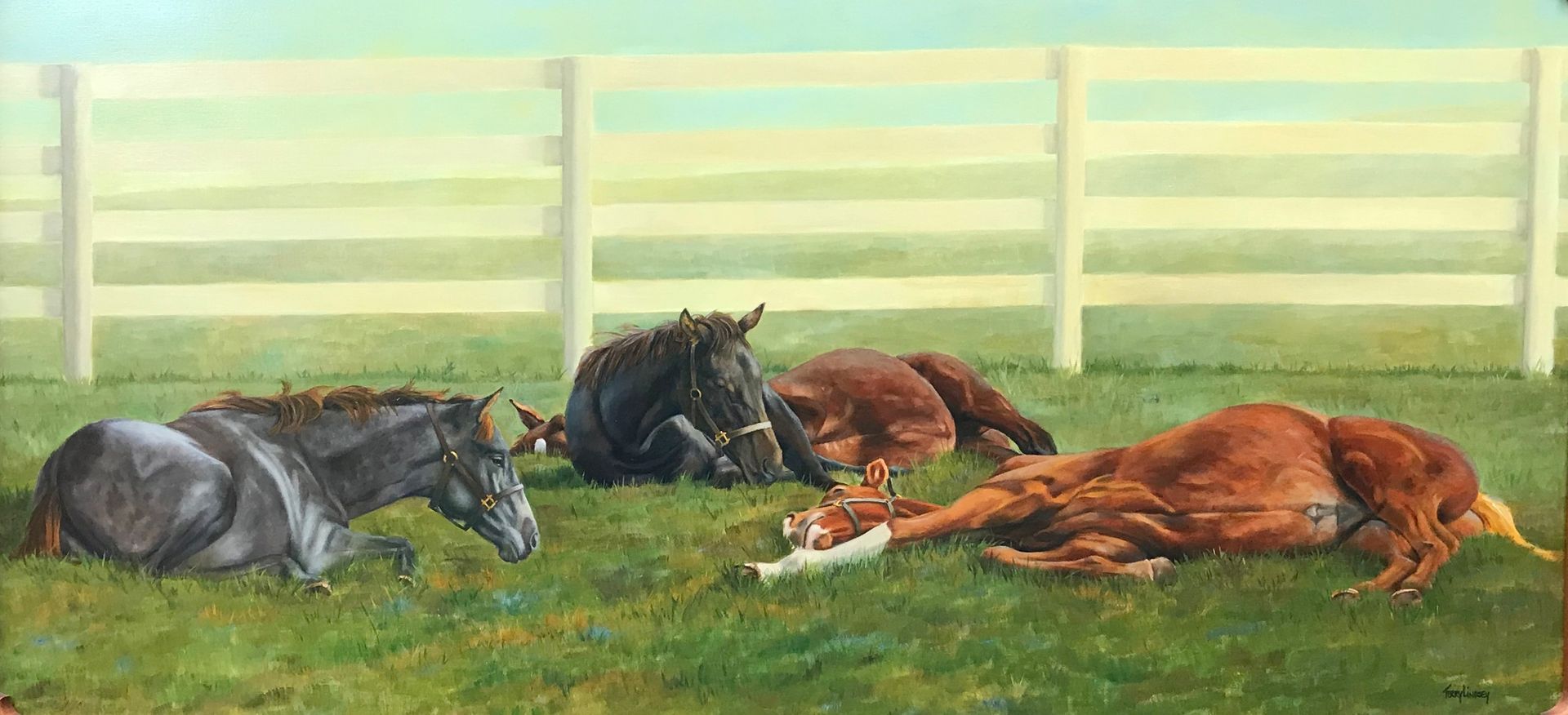 Painting of a horse with a green blanket that says Keeneland