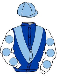 Racing silk: blue jacket with light blue V-shape, white sleeves with blue circles, and matching blue cap.