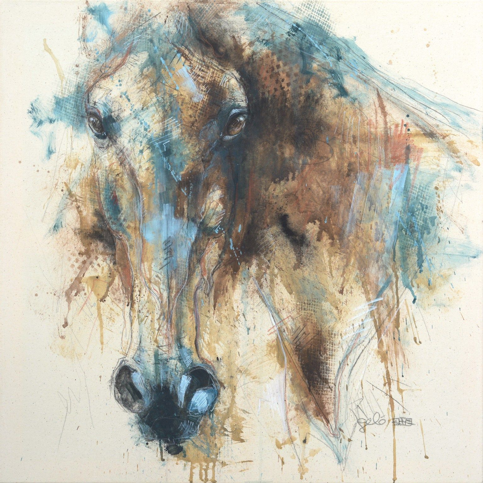a painting of a horse 's head signed by the artist