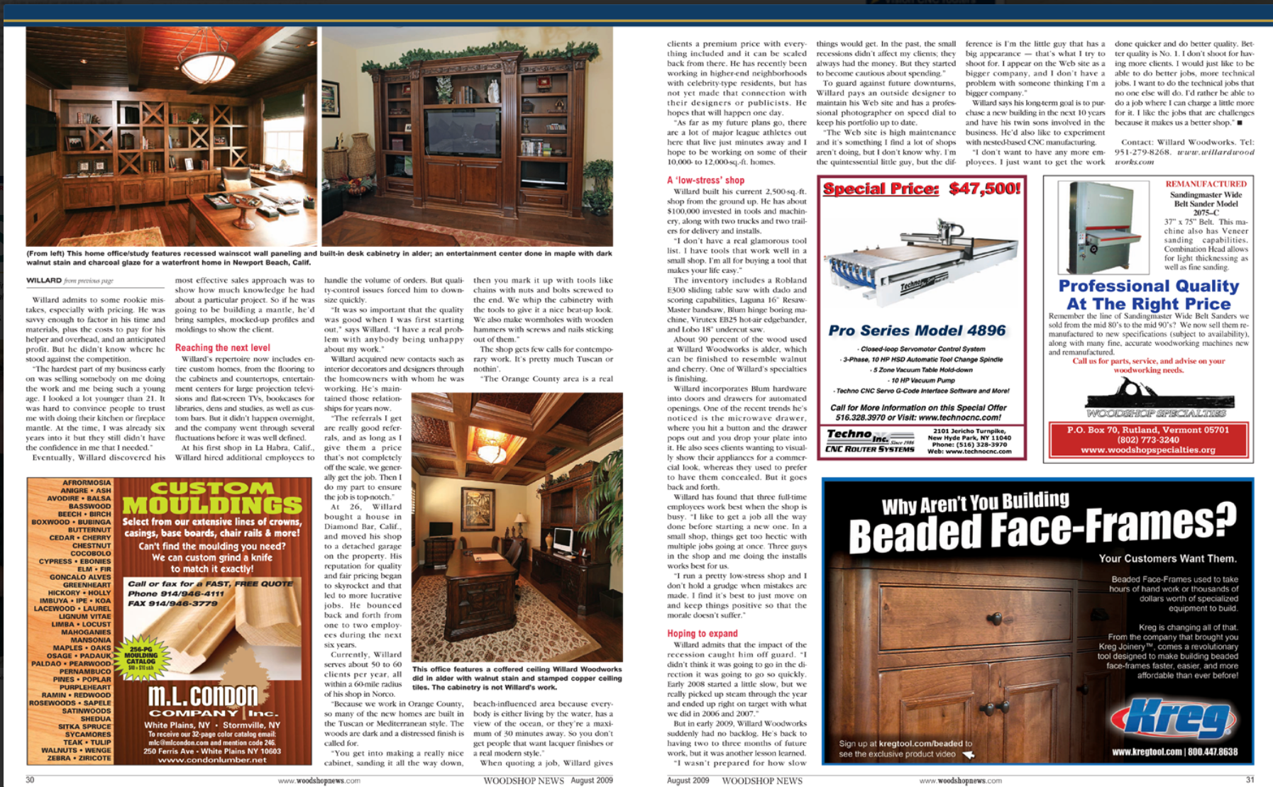 Magazine spread of woodworking ad featuring wood cabinets, door frames, and product ads with text blocks