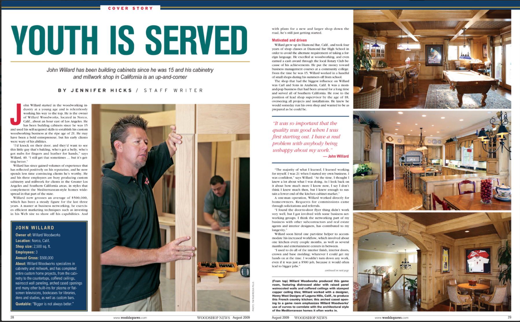 Magazine spread about youth serving in a rustic workshop and café, with photos of a man and interior scenes