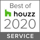 A square white badge with the green Houzz logo, reading