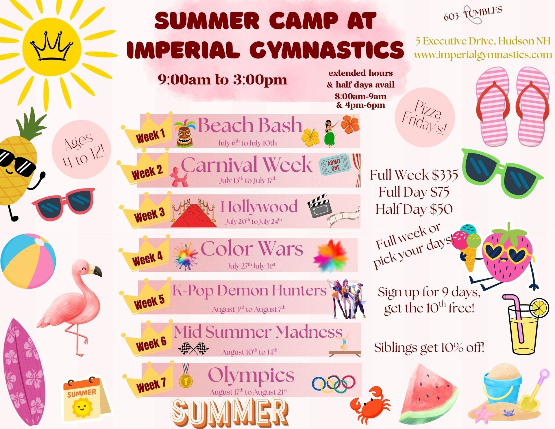 Summer camp flyer at Imperial Gymnastics with a carnival, Olympics, princesses/superheroes