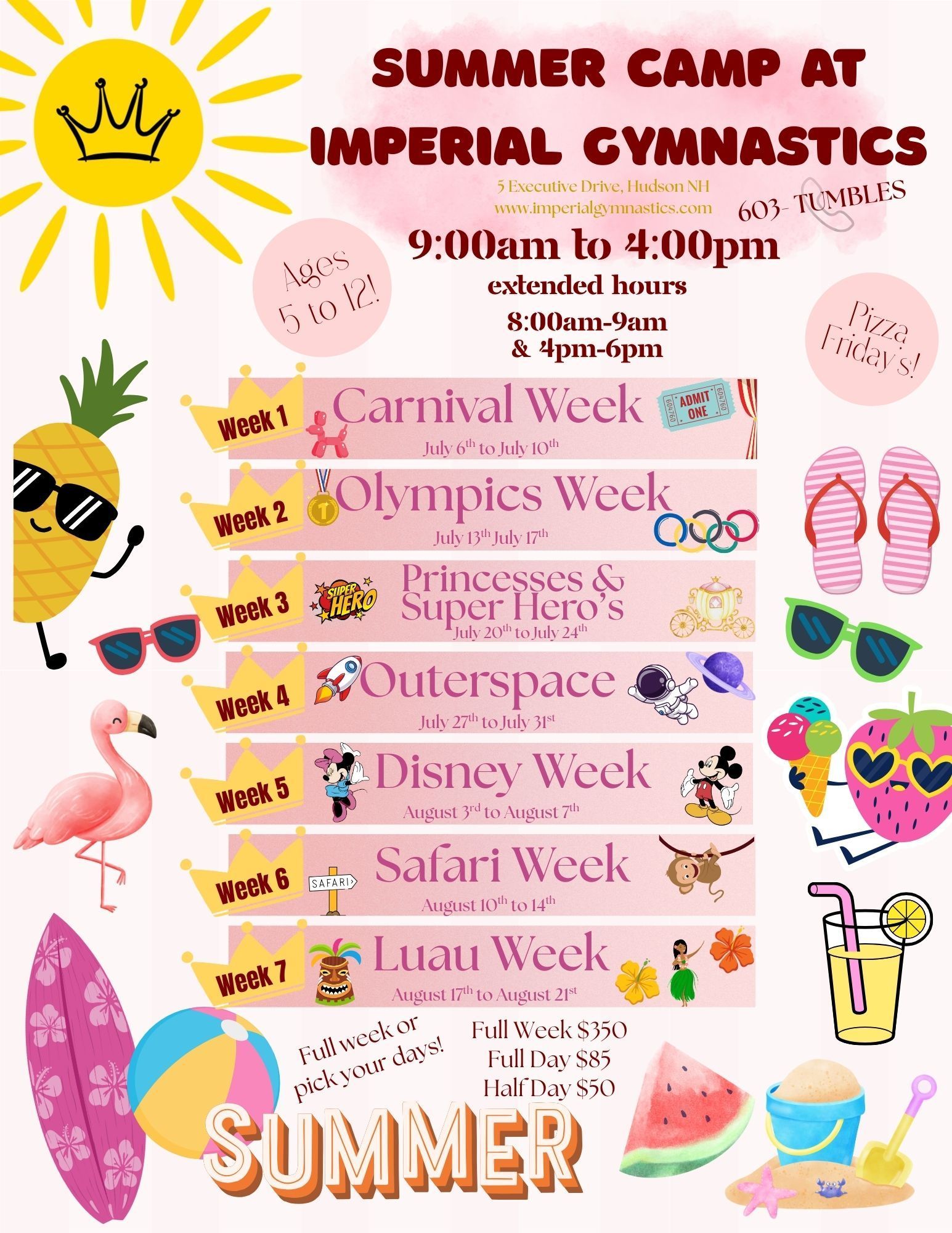 Summer camp flyer at Imperial Gymnastics with a carnival, Olympics, princesses/superheroes