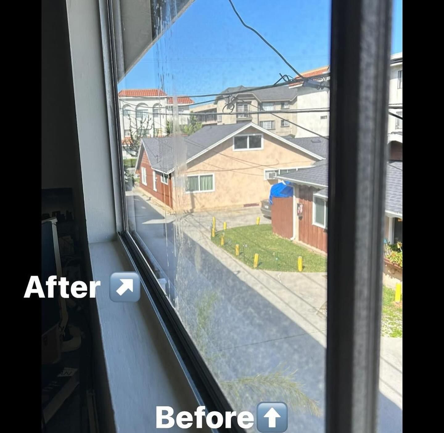 A picture of a window before and after being cleaned.