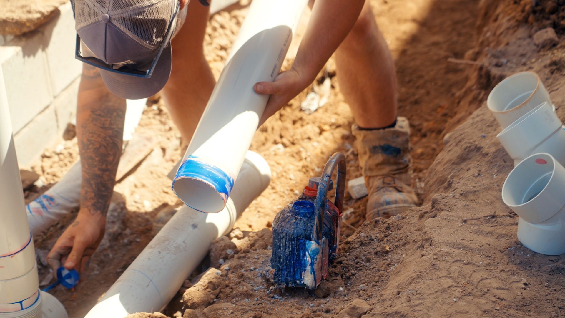 A Man Bent Over Gluing Plumbing Pipes Together For Installation — Beards Roofing and Plumbing in Sunshine Coast, QLD