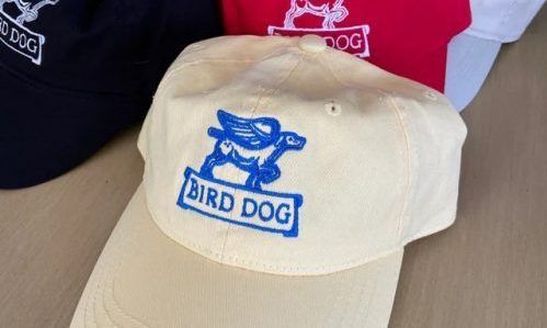 A bird dog hat is sitting on a table next to other hats