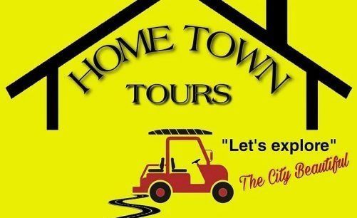 A logo for home town tours with a golf cart on a yellow background.