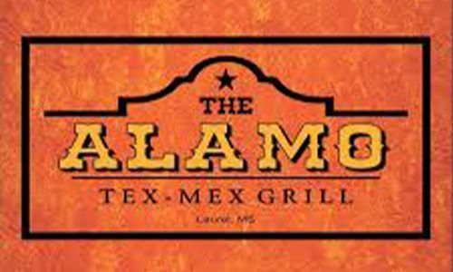 The alamo tex-mex grill logo is on an orange background.