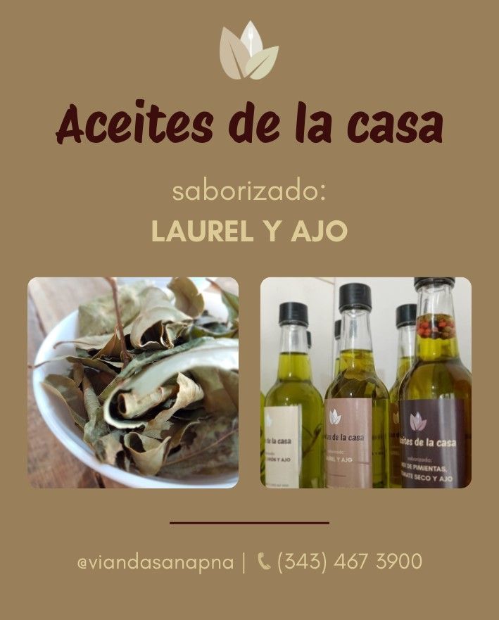 Anuncio de aceites con sabor a laurel y ajo. Muestra hierbas en un bol y botellas de aceite