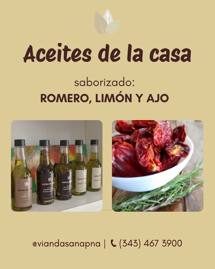 Anuncio de aceites aromatizados. Contiene botellas de aceite, hierbas e información de contacto.