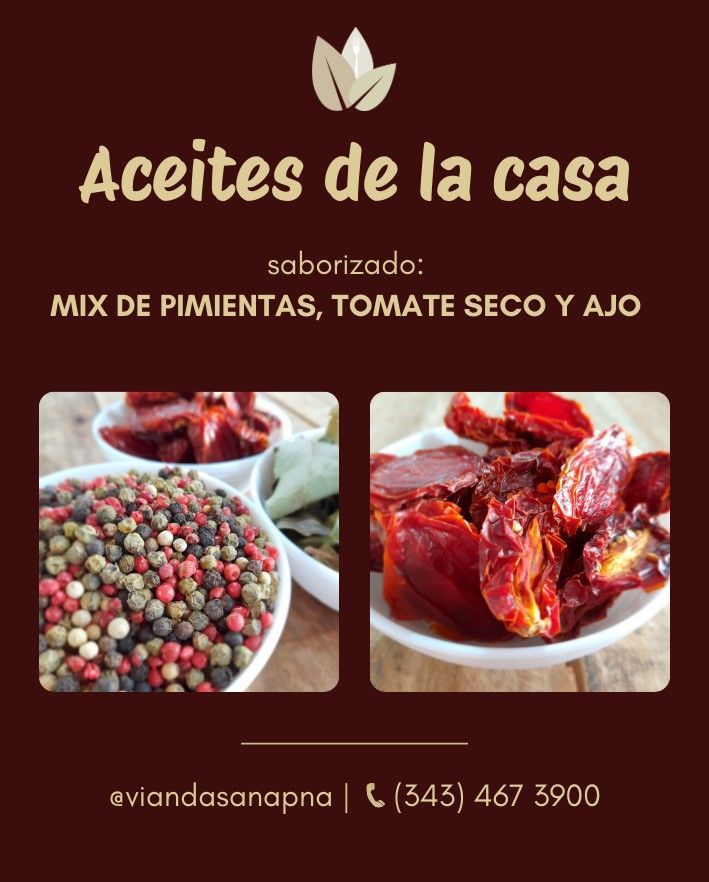 Anuncio de aceites aromatizados. Contiene imágenes de granos de pimienta, tomates secos y el texto 