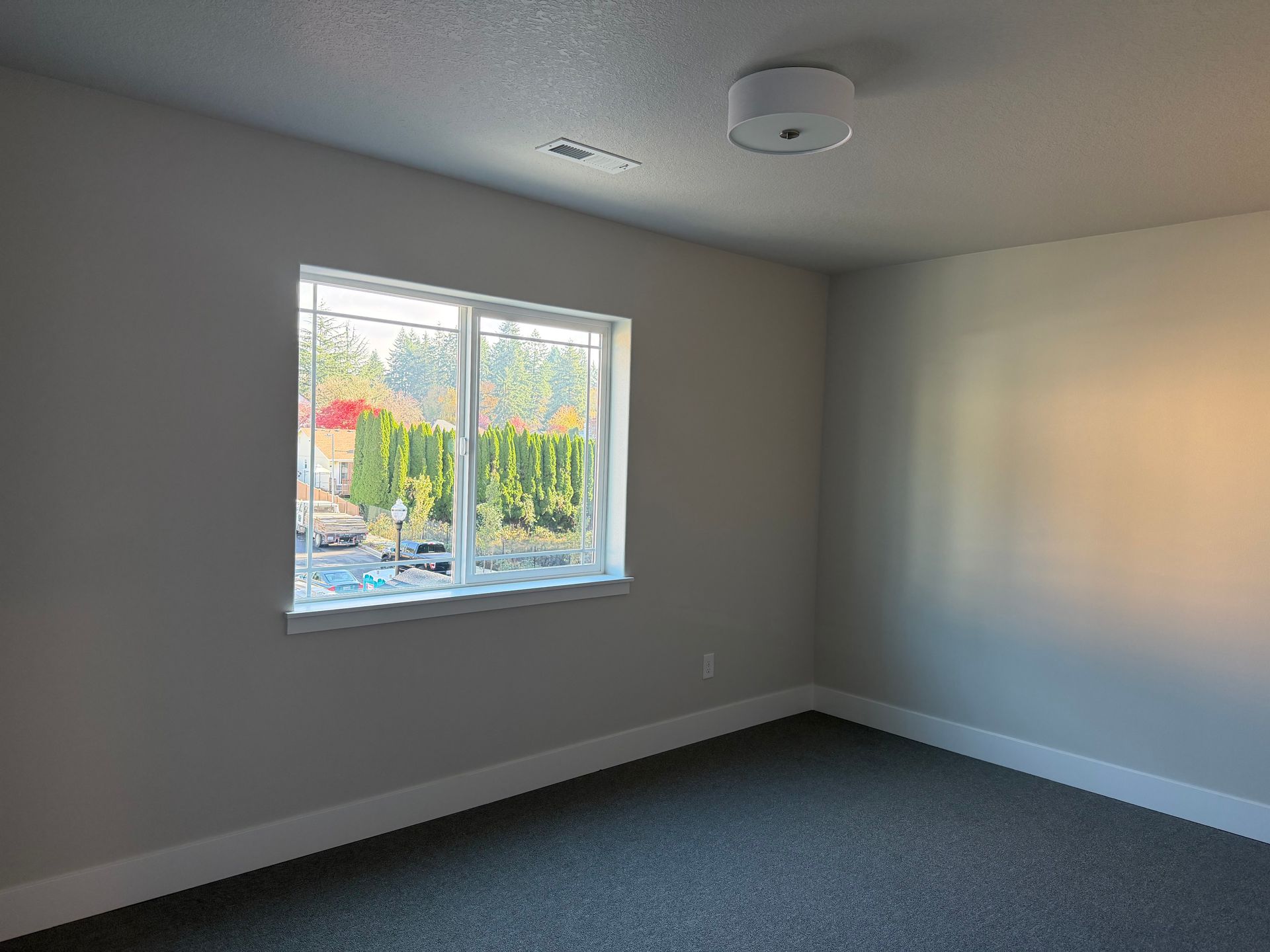 Empty room with a window, white trim, and gray carpet.