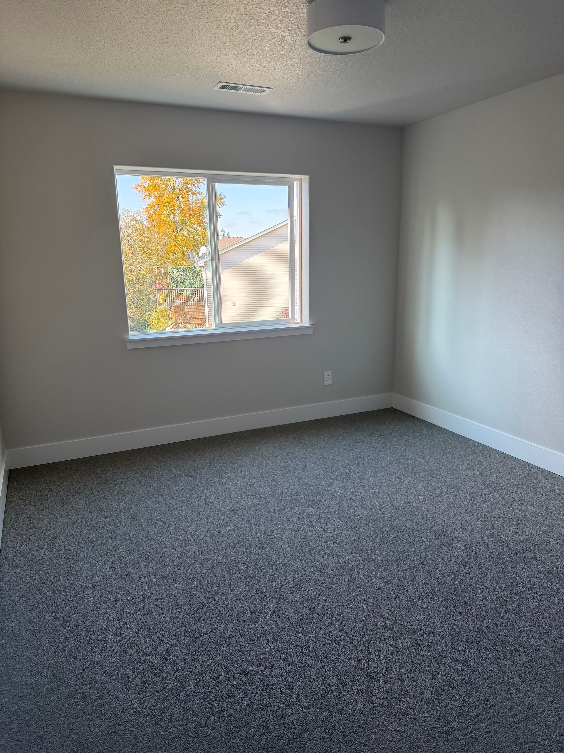 Empty bedroom with gray carpet, window, and white trim.