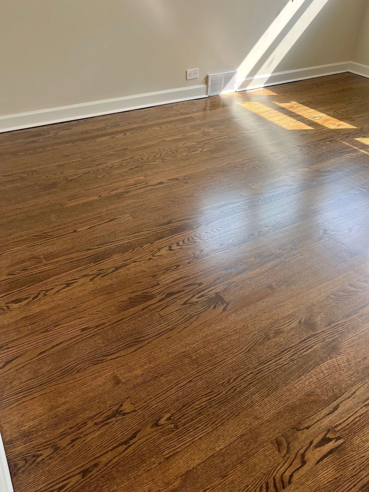 Refinished hardwood floor with shiny finish, brown color. Sunlight casts across. Baseboard visible.