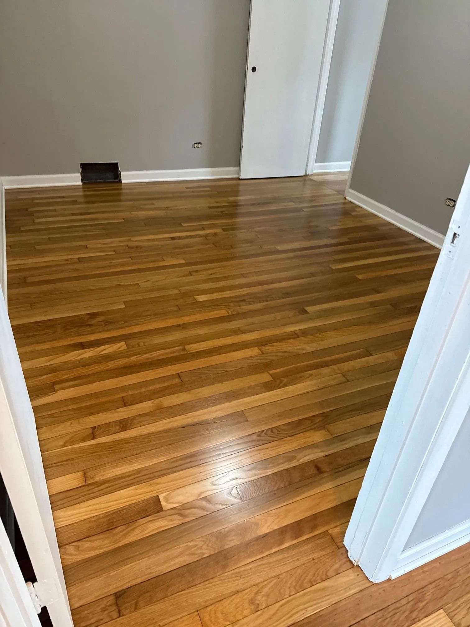 Empty room with polished hardwood floors, gray walls, and a white door.