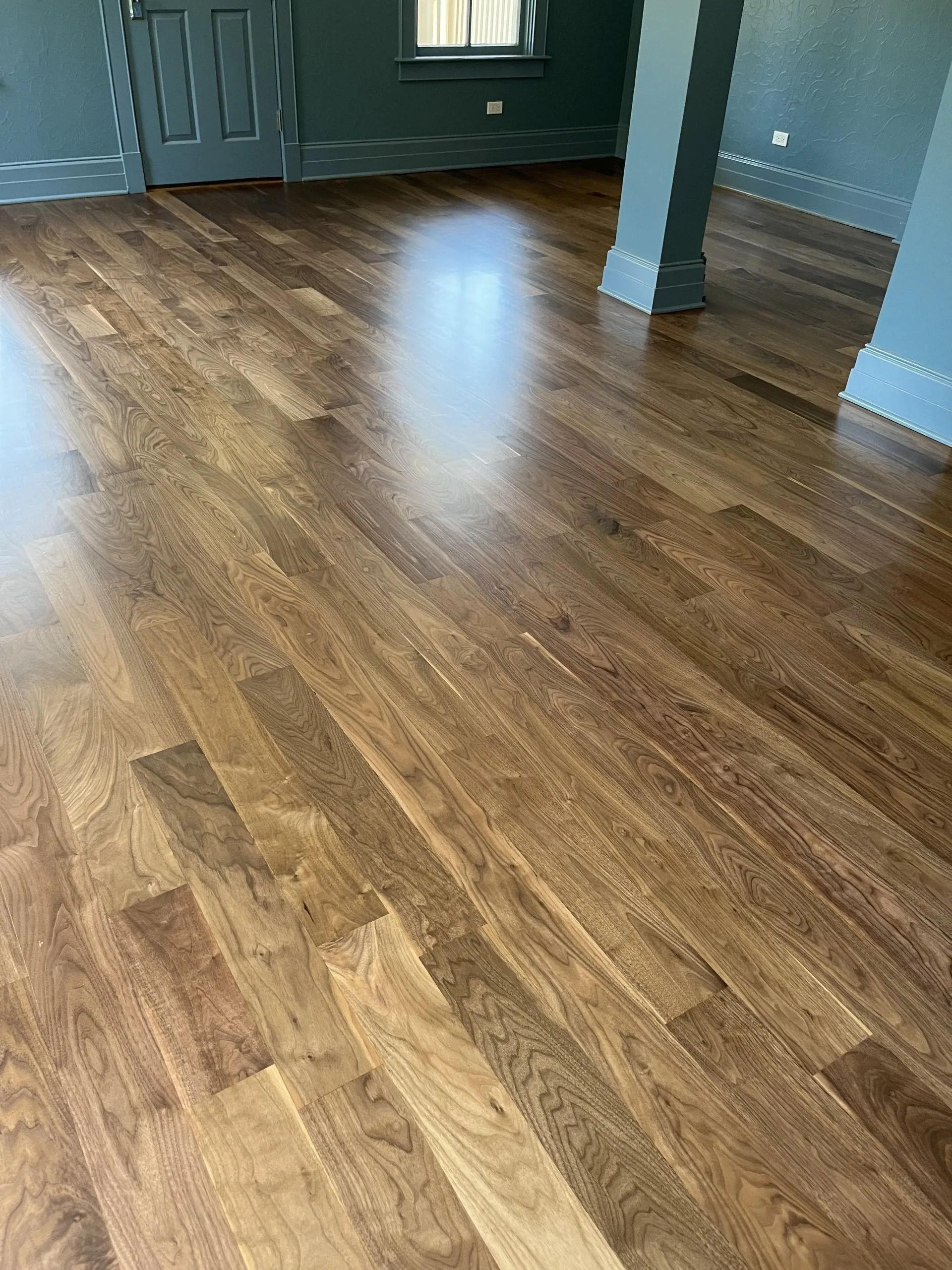 Shiny, dark-stained hardwood floor. Light reflects off of it. Gray walls and trim in the background.