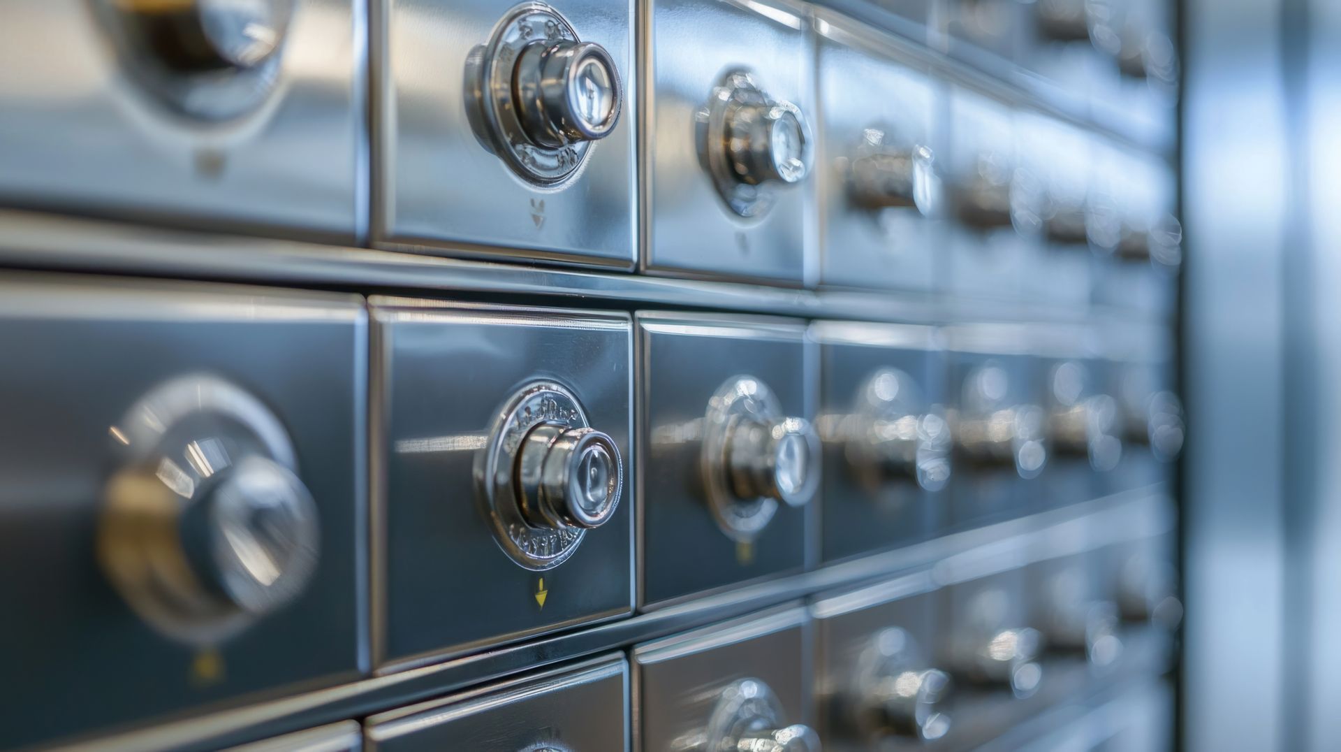 A row of stainless steel safes in a bank.