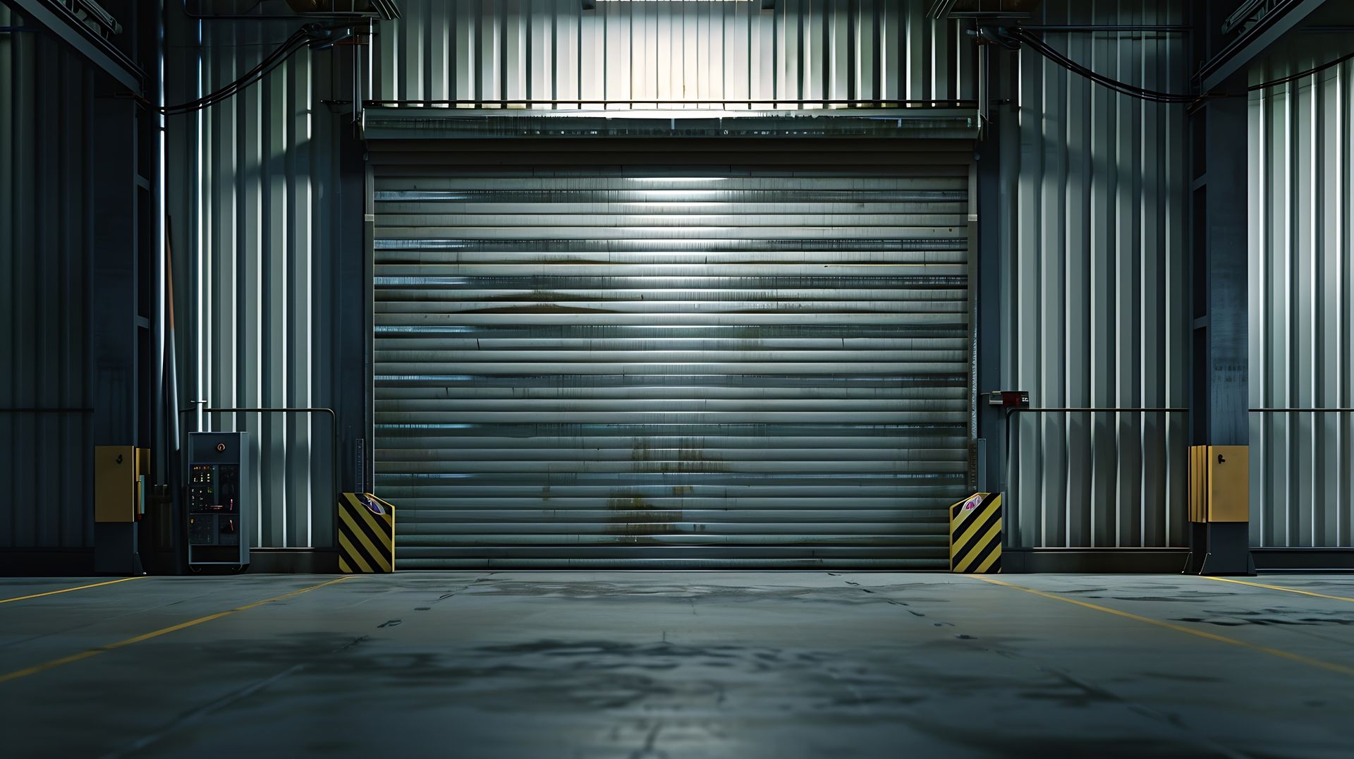 An empty warehouse with a roller shutter door.