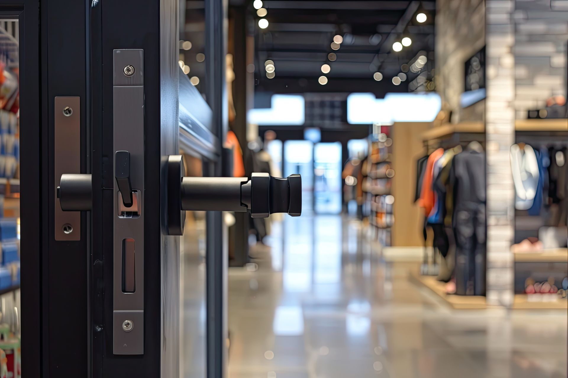 A close up of a door handle in a store.