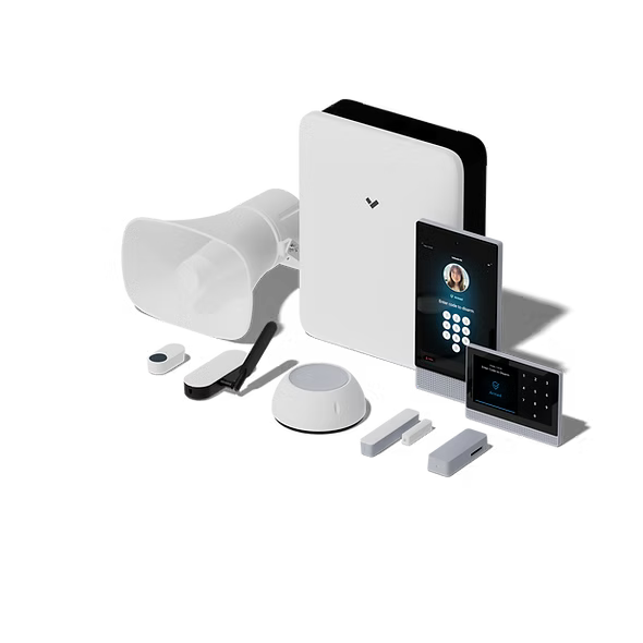 A security system with a speaker , thermostat , and phone.