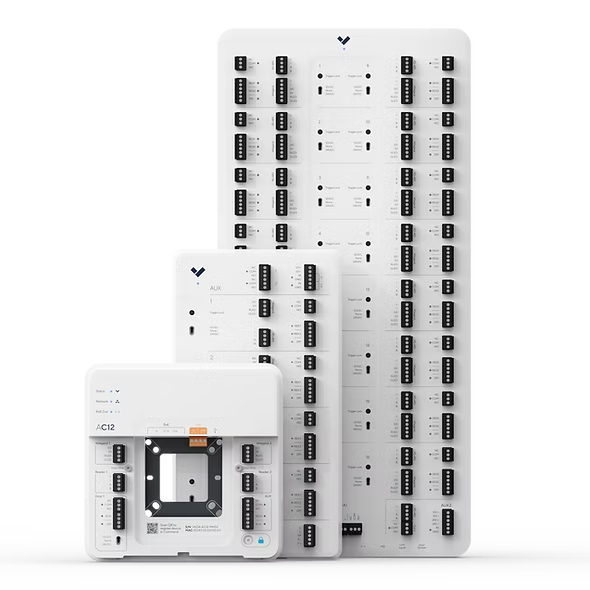 Three white boxes with black buttons are stacked on top of each other on a white background.
