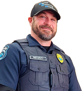 A man with a beard is wearing a security vest and hat