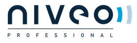 A blue and white logo for nivool professional