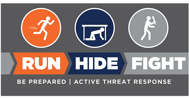A sign that says run hide fight on it