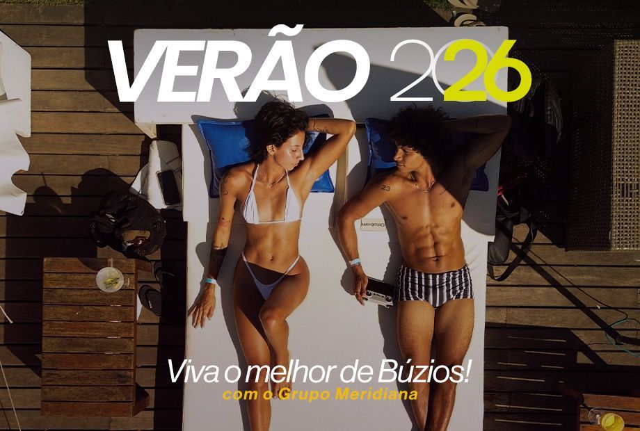 Duas pessoas tomando sol; cenário de praia. Texto: "Verão de 2026." "Viva o melhor de Búzios!"