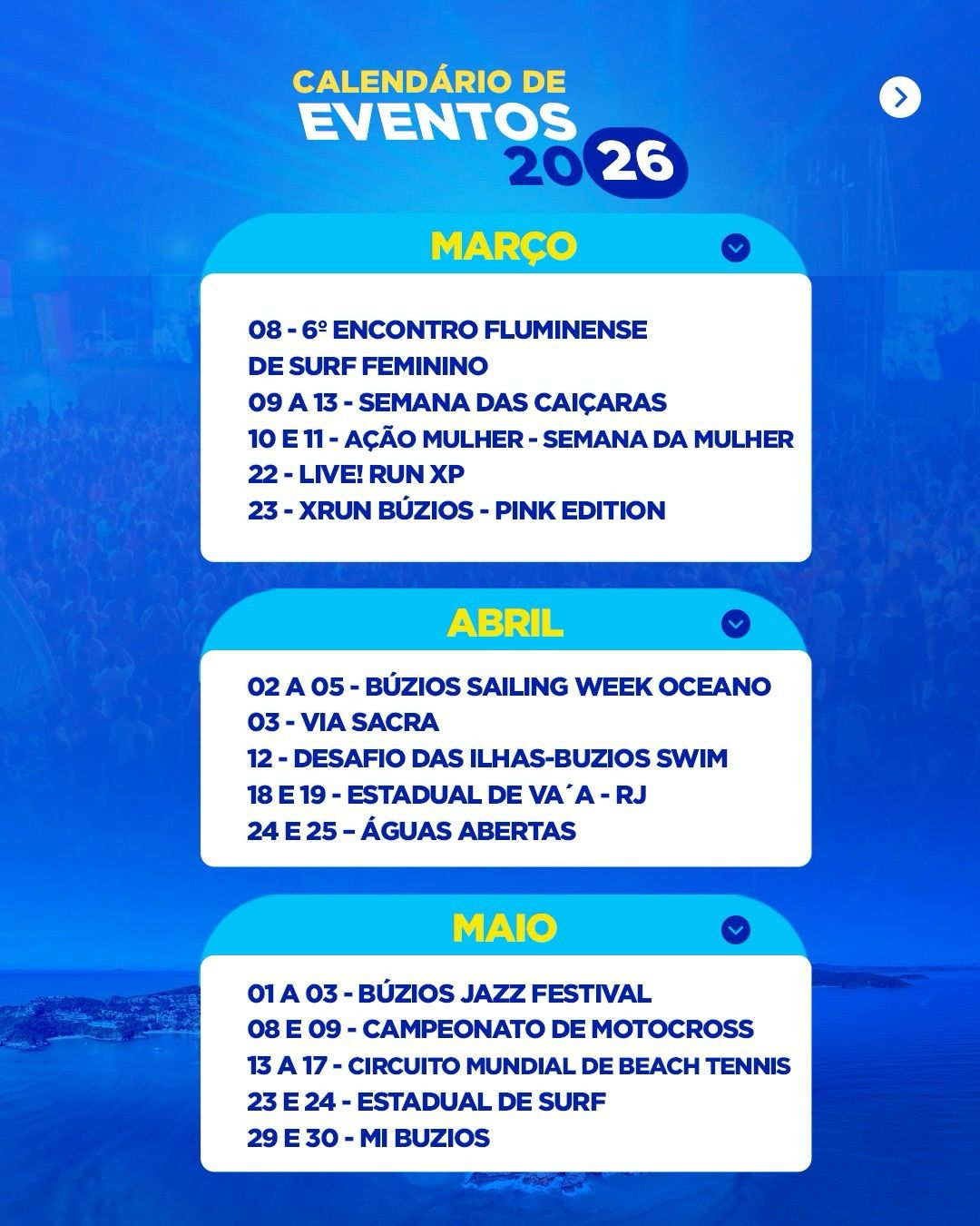 Calendar of events in 2026 for March, April, and May, including surfing, running, sailing, and jazz festivals in Brazil.