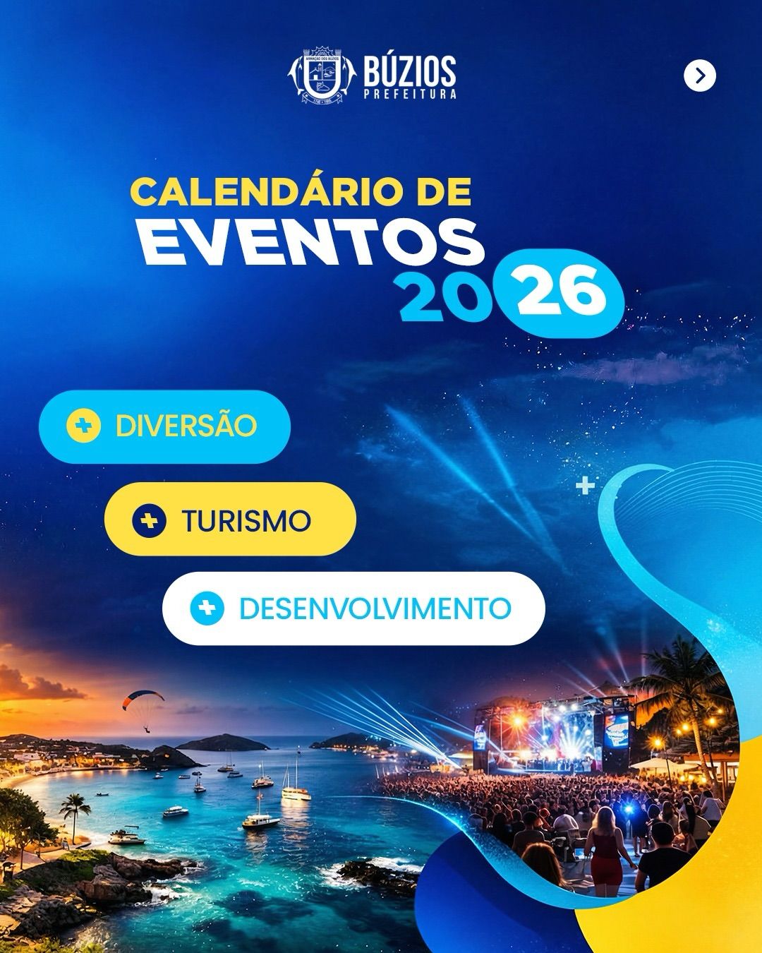Calendar of Events 2026, Búzios, Brazil. Blue background with event categories: Fun, Tourism, Development. Beach scene with crowd.