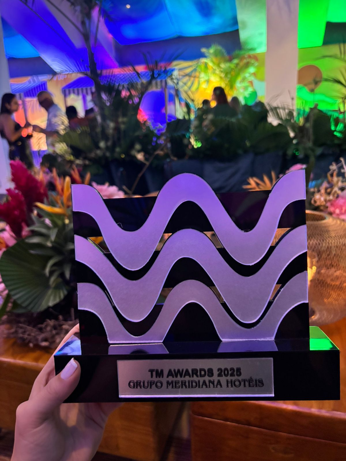 Mão segurando o troféu do TM Awards 2023 do Grupo Meridiana Hotels, com um desenho de ondas sobre um fundo colorido.
