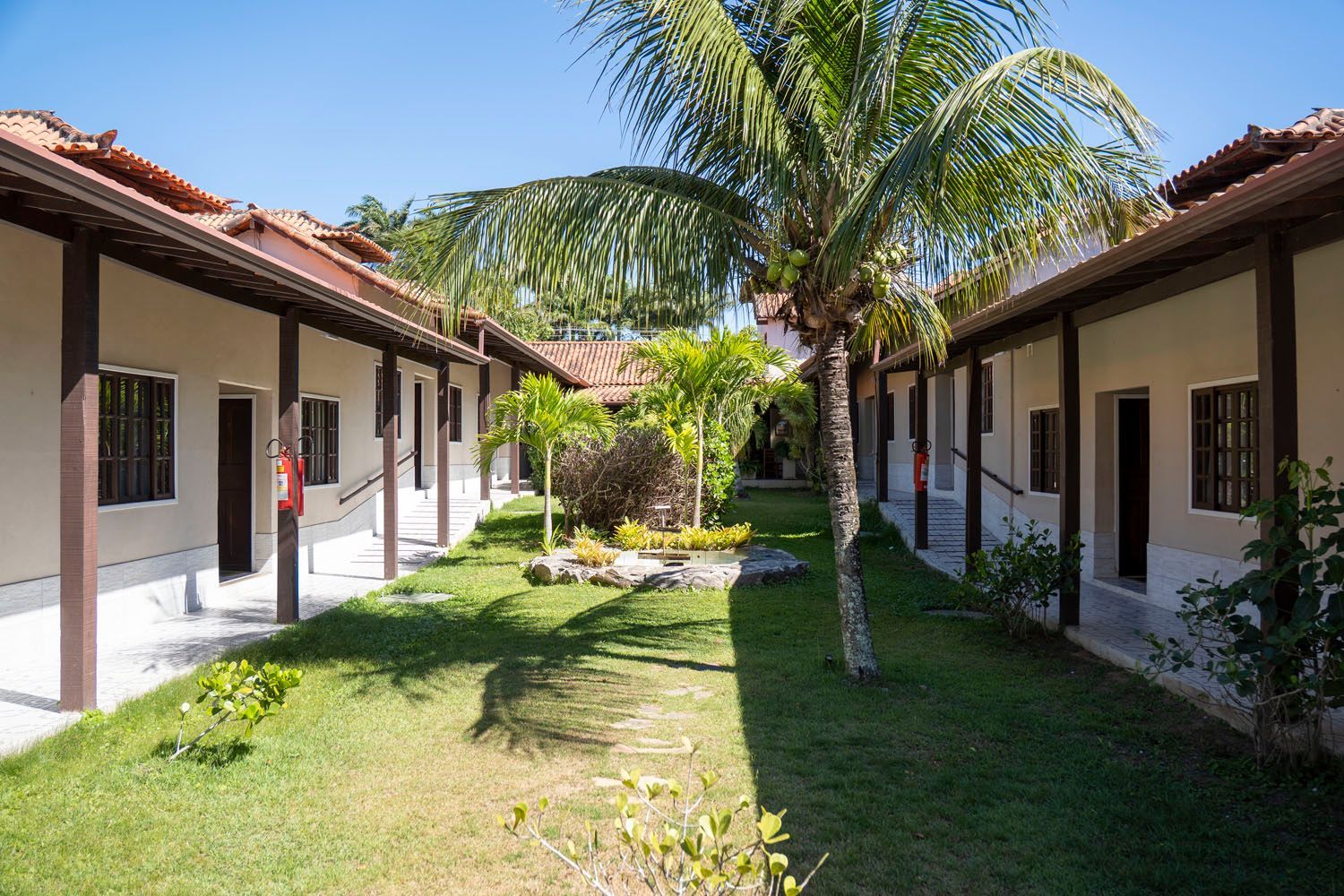 Uma fileira de edifícios com uma palmeira no meio do pátio.