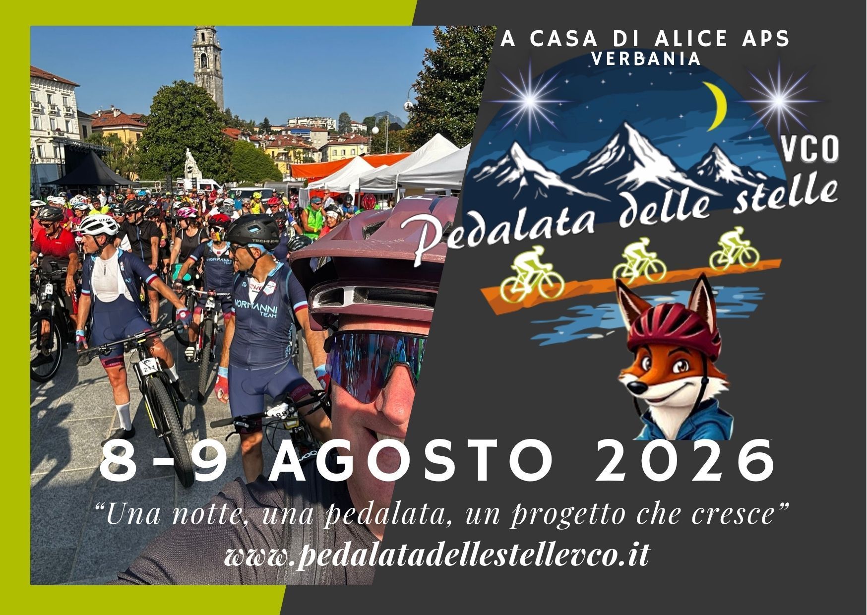 Crowded cycling event poster for “Pedalata delle Stelle” in Verbania, 8–9 August 2026, with starry night graphics