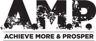 A black and white logo for amp achieve more and prosper