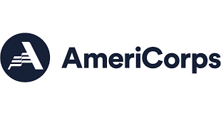 The logo for americorps is a blue circle with a letter a in it.
