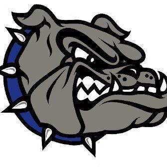 A cartoon drawing of a bulldog with a blue collar.