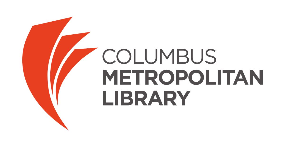 The columbus metropolitan library logo is red and white and says columbus metropolitan library.