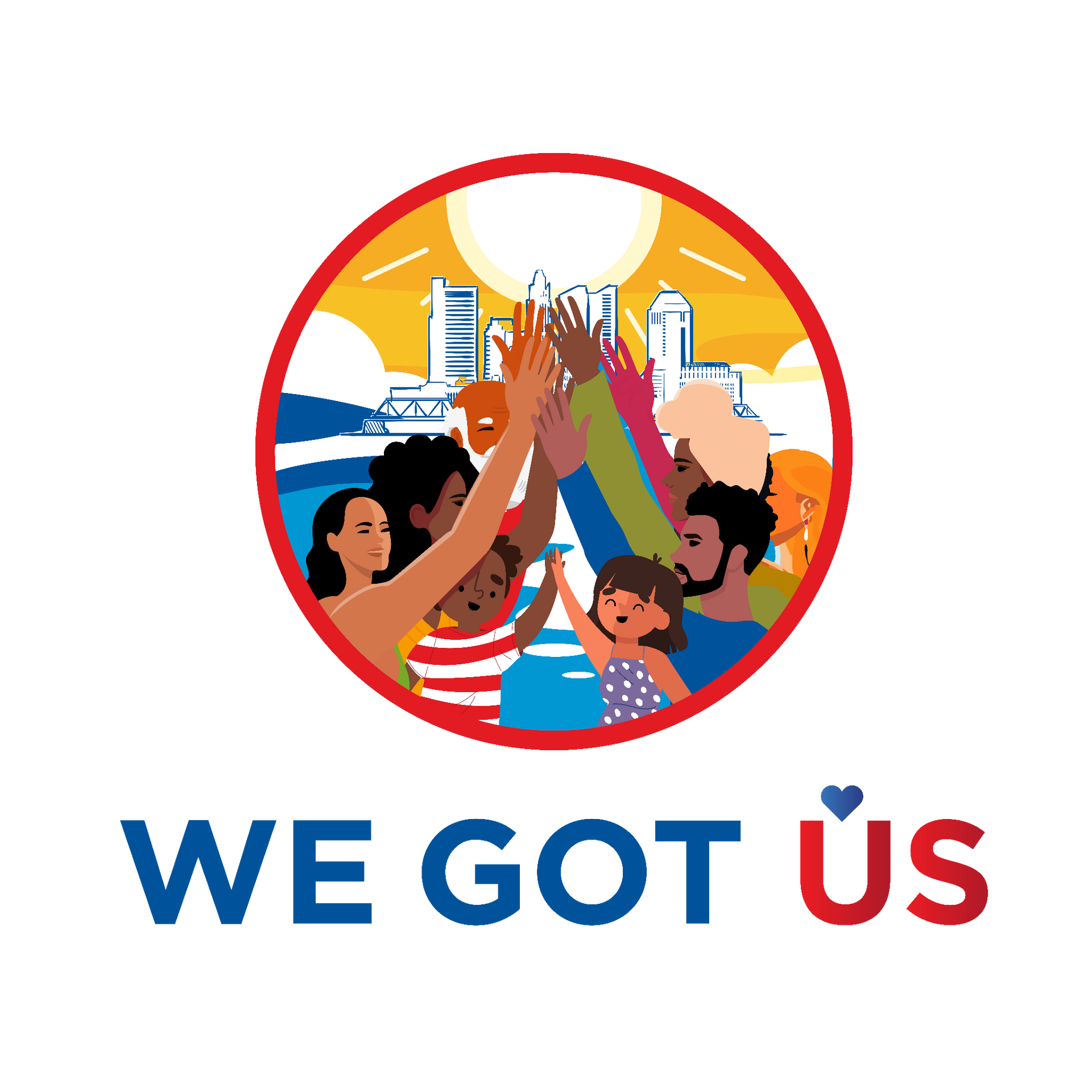 The logo for we got us shows a group of people giving each other a high five.