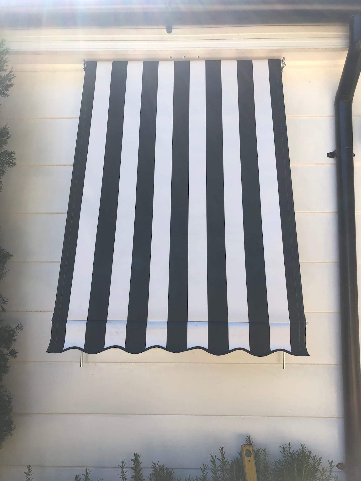 Outdoor Awning Black and White Lines — Window Coverings in Exeter, NSW