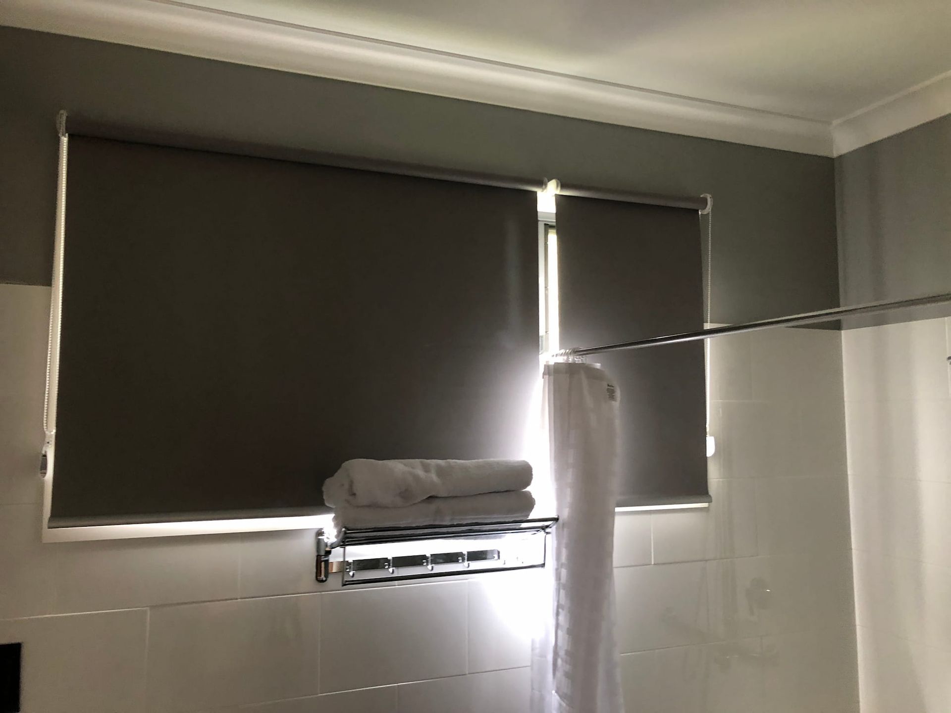 Bathroom With Gray Blind — Window Coverings in Exeter, NSW