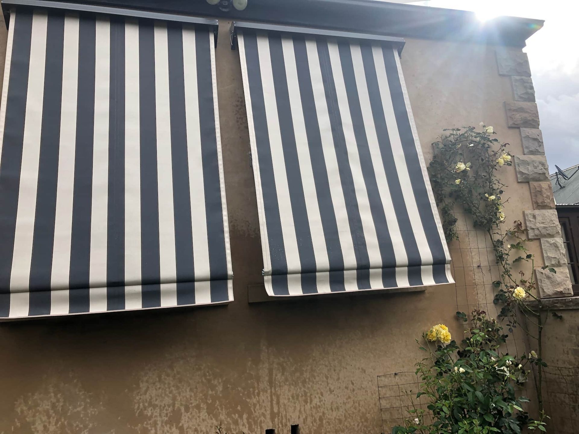 Two Wide Black And White Striped Window Blinds — Window Coverings in Exeter, NSW