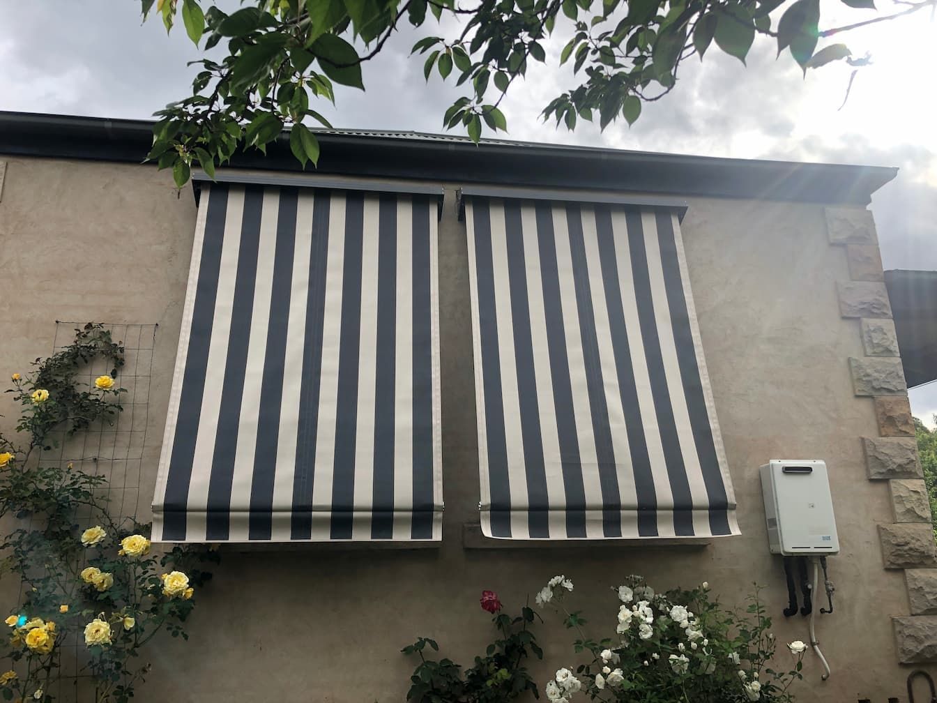 Two Wide Black And White Striped Window Blinds Outdoor— Window Coverings in Exeter, NSW
