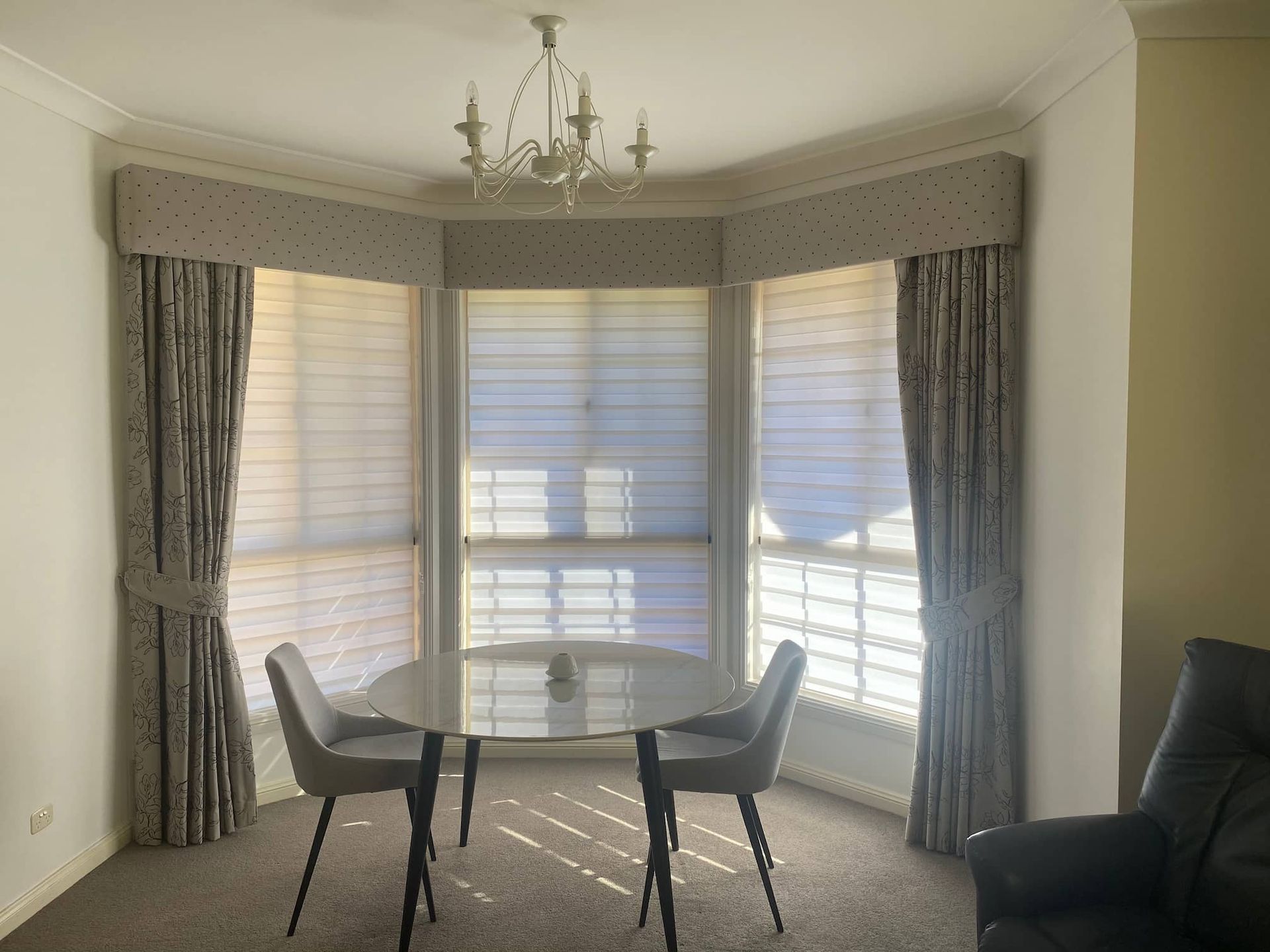 Wide Window With Blinds And Curtains — Window Coverings in Exeter, NSW